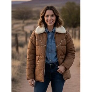 Vintage Eddie Bauer Western Puffer Jacket Brown Sherpa XS / Small Unisex 70s